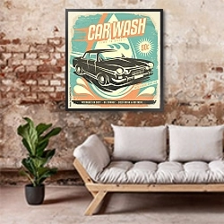 «Ретро плакат автомойки» в интерьере гостиной в стиле лофт над диваном