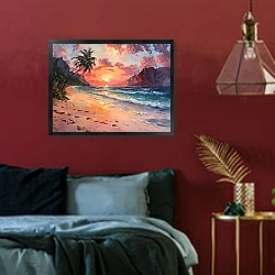 «Shore is illuminated with pink» в интерьере спальни с акцентной стеной