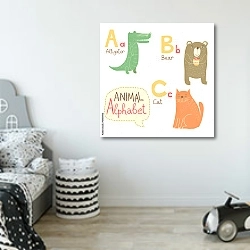 «Алфавит с животными - ABC» в интерьере детской комнаты для мальчика в светлых тонах