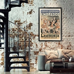 «Concert-promenade de l’Horloge… Débuts de la troupe Lawrence, artistes anglais» в интерьере двухярусной гостиной в стиле лофт с кирпичной стеной