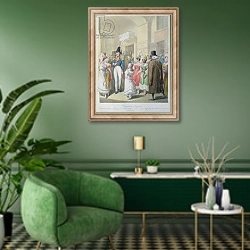 «Galeries du Palais-Royal, from 'Tableau de Paris', 1815-30» в интерьере гостиной в зеленых тонах