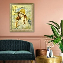 «Young Girl with a Straw Hat, 1884» в интерьере классической гостиной над диваном