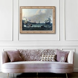 «Голландский военный корабль, входящий в Среднеземноморской порт» в интерьере гостиной в классическом стиле над диваном