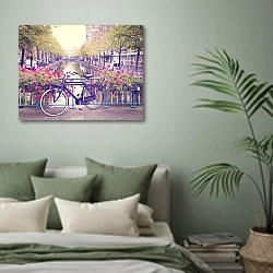 «Голландия, Амстердам. Ретро-велосипед на мостике» в интерьере современной спальни в зеленых тонах