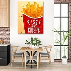 «Картофель фри» в интерьере кухни с кирпичными стенами над столом