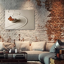 «Бабочка монарх на камне на белом песке» в интерьере гостиной в стиле лофт с кирпичной стеной