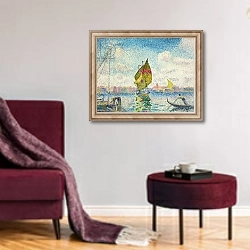 «Sailboats on Giudecca or Venice, Marine; Barques a voiles sur la Giudecca or Venise, Marine, 1903-1905» в интерьере гостиной в бордовых тонах