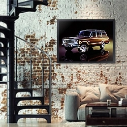 «Jeep Wagoneer '1978» в интерьере двухярусной гостиной в стиле лофт с кирпичной стеной