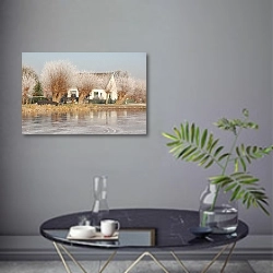 «Голландия. Деревня мельниц Киндердейк. Зима» в интерьере современной гостиной в серых тонах