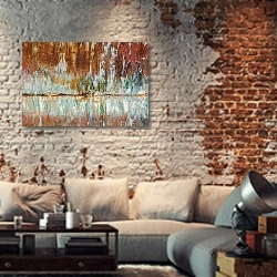 «Метаморфозы железа в природе» в интерьере гостиной в стиле лофт с кирпичной стеной