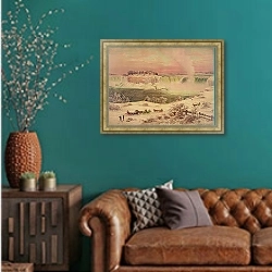 «Winter at Niagara» в интерьере гостиной с зеленой стеной над диваном