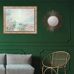 «View of Lyons» в интерьере классической гостиной с зеленой стеной над диваном
