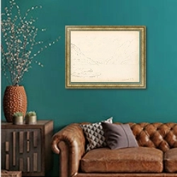 «Лодка на пляже, Биртеватн» в интерьере гостиной с зеленой стеной над диваном