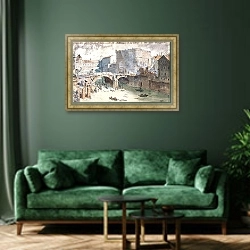 «Le Petit-Pont et le Petit-Châtelet après l’incendie du 27 avril 1718, actuellement rue du Petit-Pont, quai Montebello» в интерьере зеленой гостиной над диваном