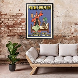 «Poudre Chefdebien prévient, guérit les maladies de la vigne» в интерьере гостиной в стиле лофт над диваном