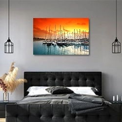 «Испания. Барселона. Марина» в интерьере современной спальни с черной кроватью