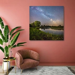 «Река под звездным небом» в интерьере современной гостиной в розовых тонах