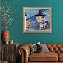 «Bern with Belltower» в интерьере гостиной с зеленой стеной над диваном