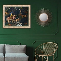 «Видение Святого Евстахия» в интерьере классической гостиной с зеленой стеной над диваном