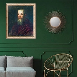 «Портрет кардинала с бородой» в интерьере классической гостиной с зеленой стеной над диваном
