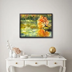 «Осеннее дерево с оранжевыми листьями, отражающимися в озере» в интерьере в классическом стиле с зеленой стеной