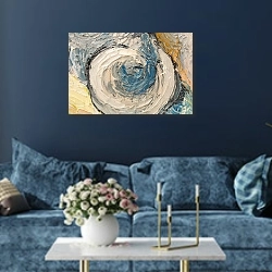 «Абстракция. Белое солнце» в интерьере современной гостиной в синем цвете