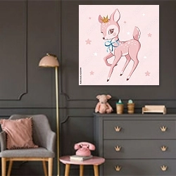 «Розовый олененок» в интерьере детской комнаты для девочки в серых тонах