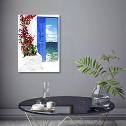 «Греция. Остров Миконос. Дверь» в интерьере современной гостиной в серых тонах