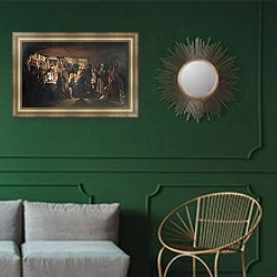 «Приход колдуна на крестьянскую свадьбу. 1875» в интерьере классической гостиной с зеленой стеной над диваном