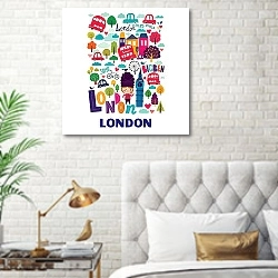 «Англия, Лондон. Векторные символы» в интерьере современной спальни в белом цвете с золотыми деталями