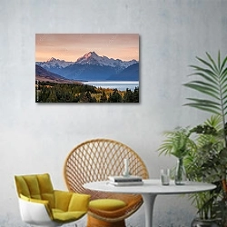 «Гора Кука, Новая Зеландия 3» в интерьере современной гостиной с желтым креслом