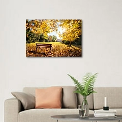 «Золотая осень на скамейке в парке» в интерьере современной светлой гостиной над диваном