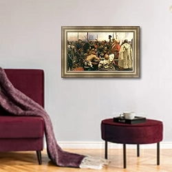 «Запорожцы. 1880-1891» в интерьере гостиной в бордовых тонах