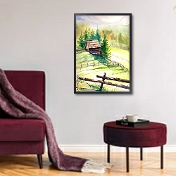«Деревянный домик в горах, акварель» в интерьере прихожей в зеленых тонах над комодом
