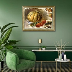 «Still Life with Melon and Tomatoes; Nature Morte au Melon et Tomates, c.1900» в интерьере гостиной в зеленых тонах