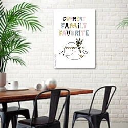 «Current family favorite» в интерьере столовой в скандинавском стиле с кирпичной стеной