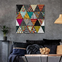 «Графический паттерн из треугольников с узорами» в интерьере гостиной в стиле лофт в серых тонах