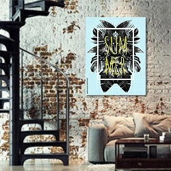 «Лето 3» в интерьере двухярусной гостиной в стиле лофт с кирпичной стеной