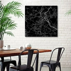 «План города Штутгарт, Германия, в черном цвете» в интерьере столовой в скандинавском стиле с кирпичной стеной