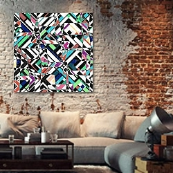 «Абстрактный геометрический рисунок» в интерьере гостиной в стиле лофт с кирпичной стеной