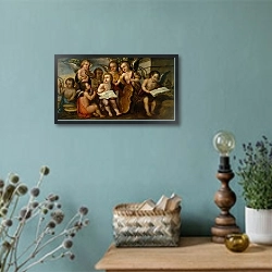 «The Infant Jesús with Angelic Musicians» в интерьере в стиле ретро с бирюзовыми стенами