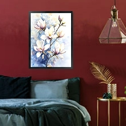 «Heavenly dreams of white magnolias» в интерьере спальни с акцентной стеной