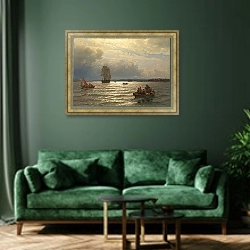 «From the Inlet of Oslo» в интерьере зеленой гостиной над диваном