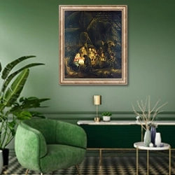 «Поклонение пастухов 3» в интерьере гостиной в зеленых тонах