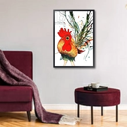 «Rooster, 2011,» в интерьере гостиной в бордовых тонах