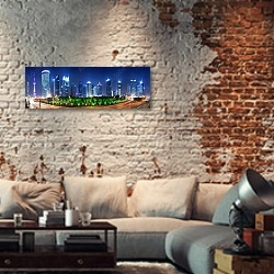 «Китай, Шанхай. Городская панорама» в интерьере гостиной в стиле лофт с кирпичными стенами