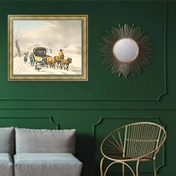 «Stagecoach in Winter» в интерьере классической гостиной с зеленой стеной над диваном