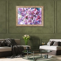 «Цветение вишни» в интерьере гостиной в оливковых тонах