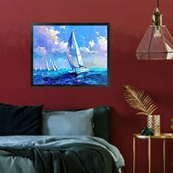«Sea of sailboats in the Med» в интерьере спальни с акцентной стеной