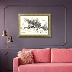 «groene Beemsterdijk bij SpijkerboorPen in zwart» в интерьере гостиной с розовым диваном